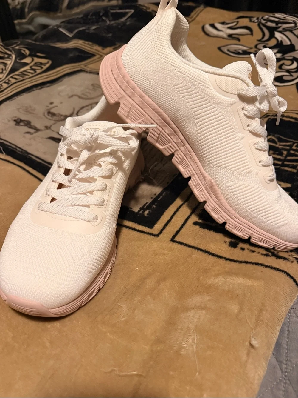 Skechers White Knit Sneakers with Blush Pink Sole